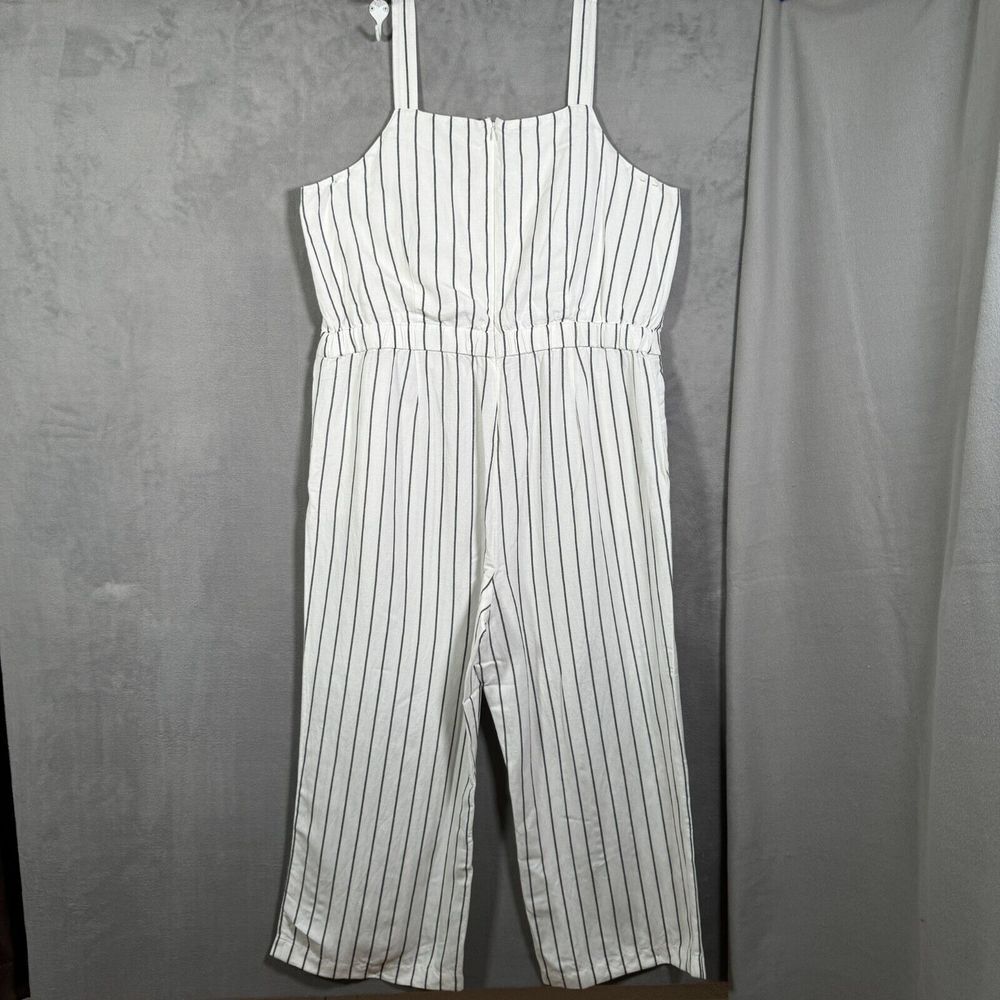 Loft Womens Linen Blend Jumpsuit XL White Black Stripe Sleeveless Wide Leg Boho - Picture 3 of 11